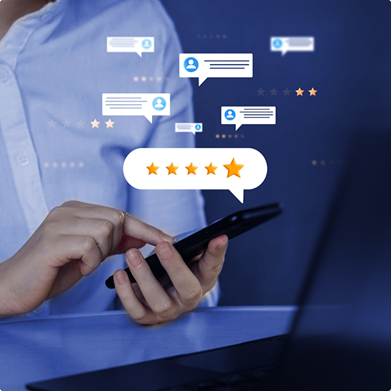 Person leaving a five star review on their phone